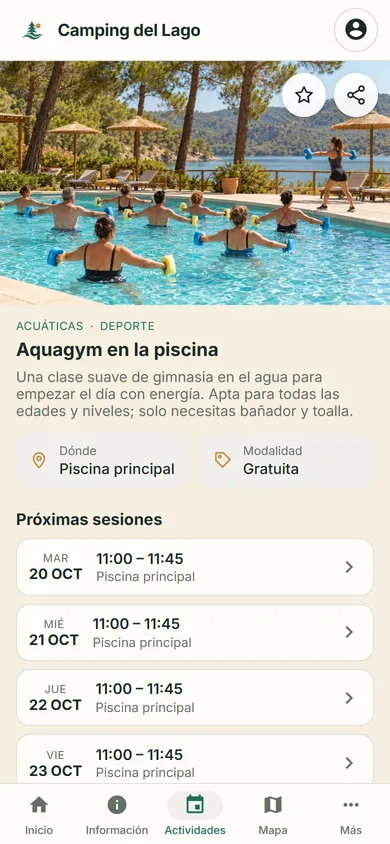 Ficha de la actividad Aquagym en el móvil, con lugar, modalidad gratuita y las próximas sesiones