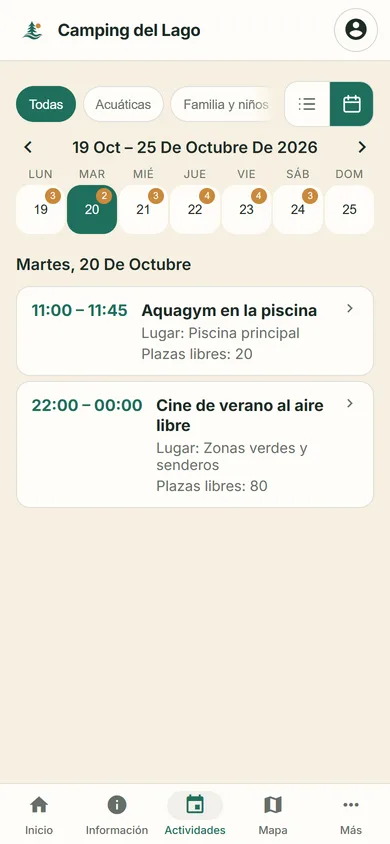 Calendario semanal de actividades en el móvil, con las sesiones del martes y sus plazas libres