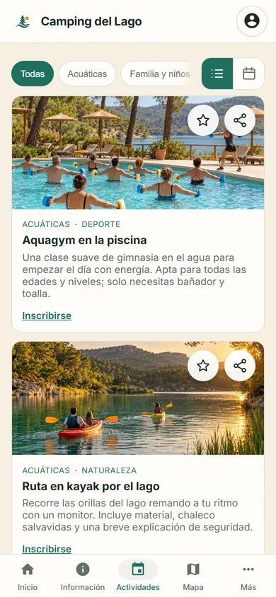 Lista de actividades en el móvil, con foto, categorías, descripción y enlace para inscribirse