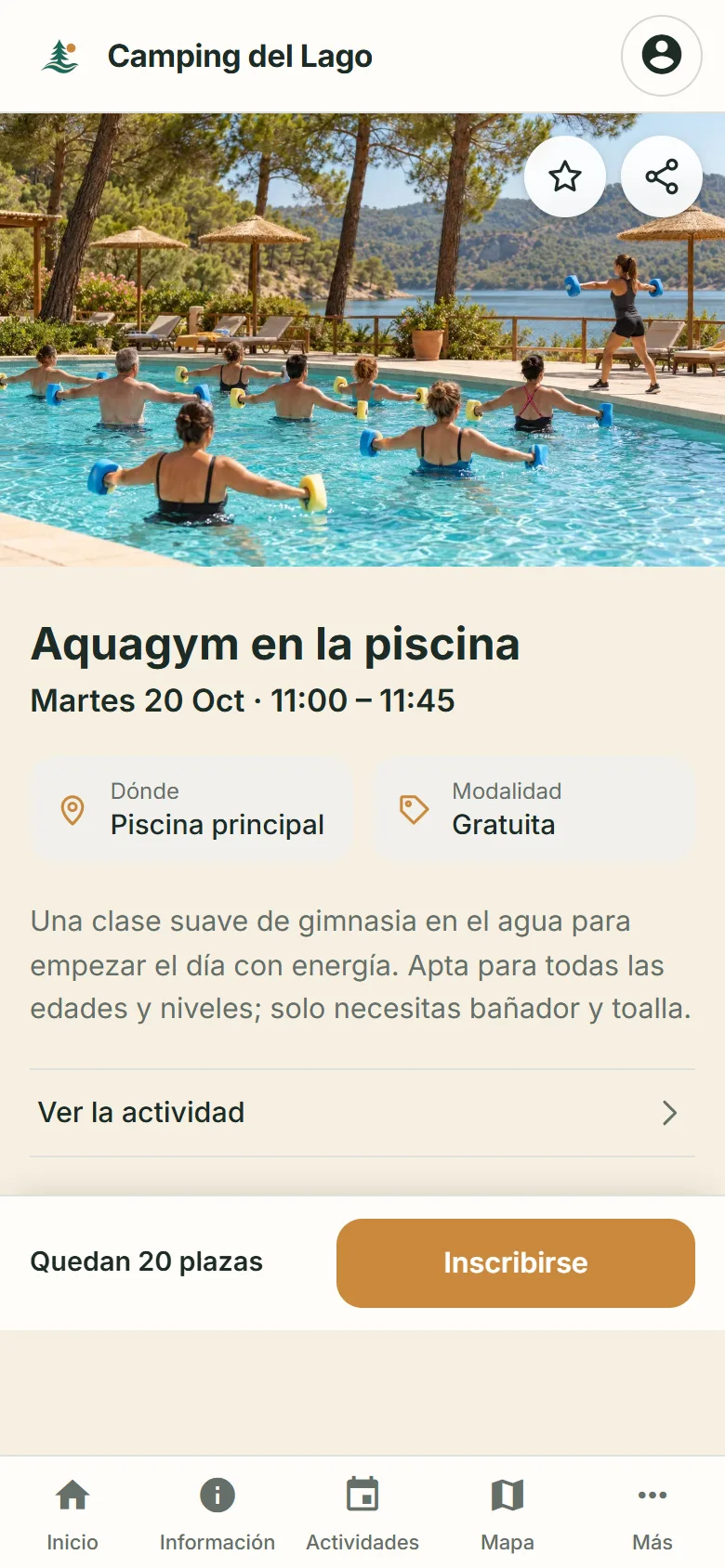 Detalle de una sesión de aquagym en el móvil, con fecha, hora, lugar, las plazas que quedan y el botón Inscribirse.