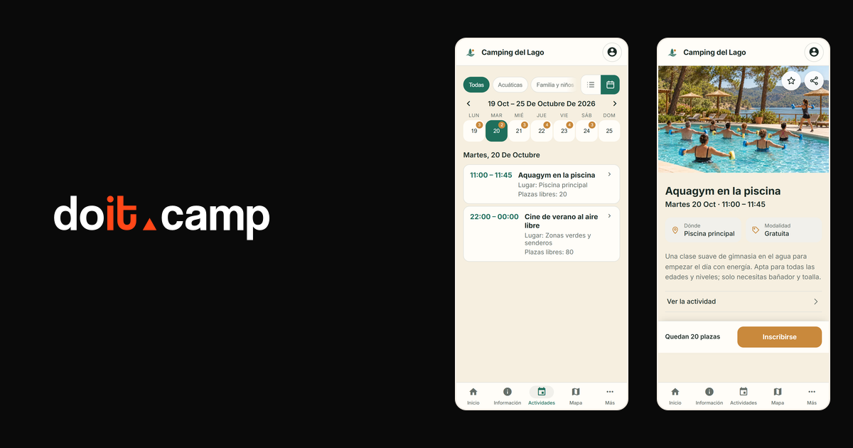 Logotipo de doit.camp junto a dos pantallas de la Guest App en el móvil: el calendario de actividades y una sesión de aquagym con el botón Inscribirse.