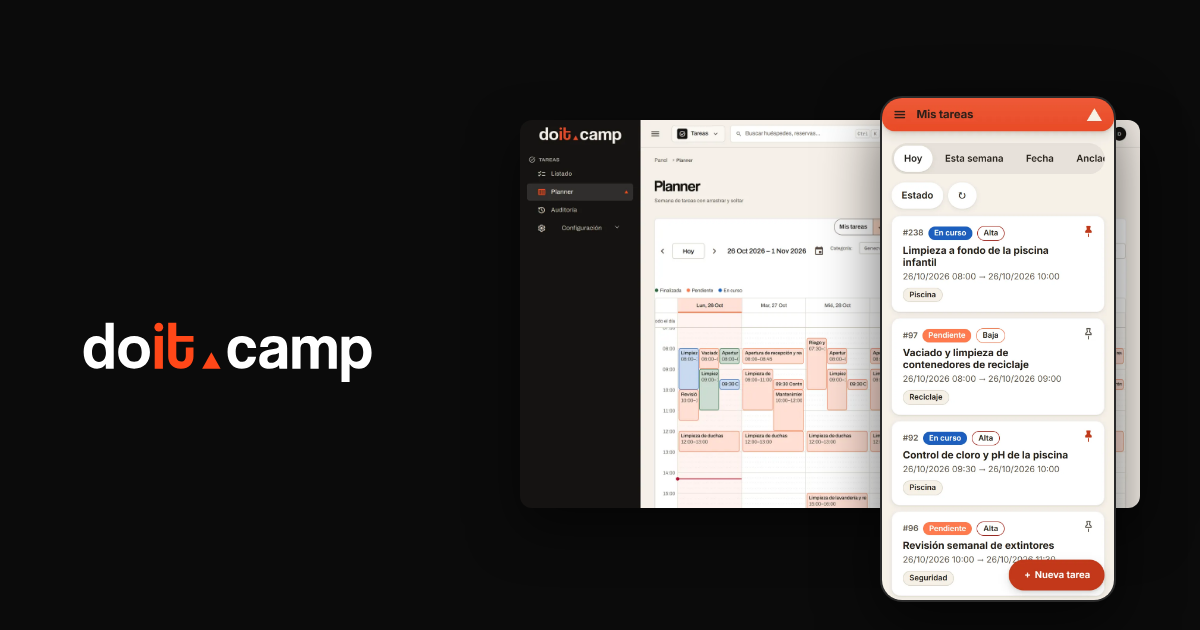Logotipo de doit.camp junto al planificador semanal de tareas del backoffice y la lista «Mis tareas» de la Staff App en el móvil.