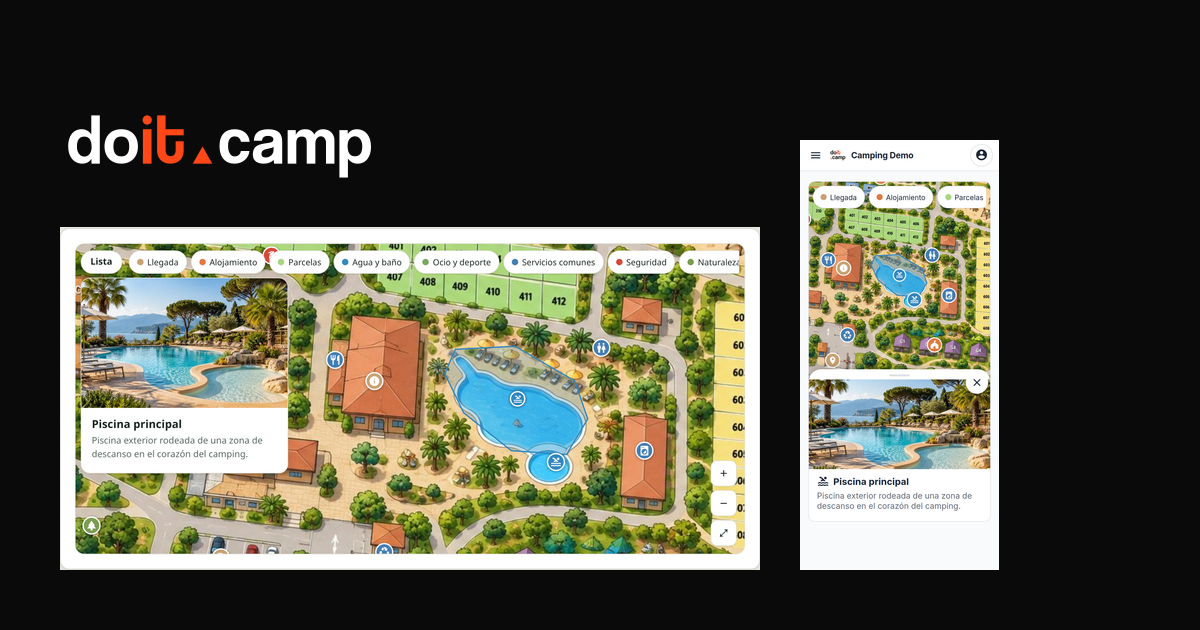 Mapa interactivo de un camping de demostración en una web y en un móvil, con la ficha de la piscina abierta.