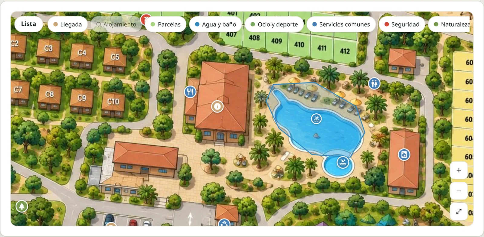 Mapa interactivo en la web de un camping de demostración con una categoría desactivada en los filtros y el botón Lista a la izquierda.