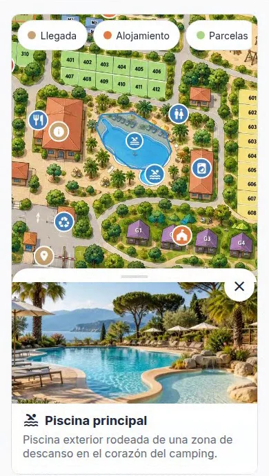 Mapa del camping en la Guest App, en un móvil, con la ficha de la piscina abierta desde abajo