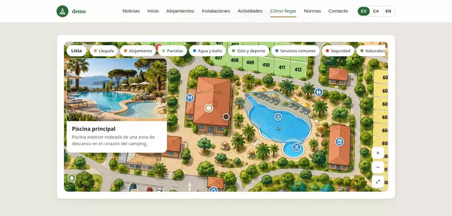 Mapa del camping dentro de la web, con la ficha de la piscina abierta